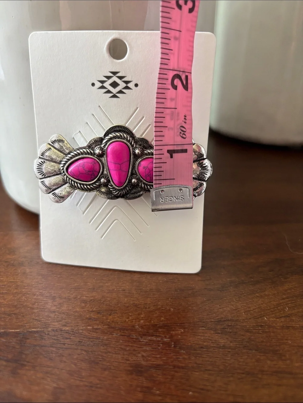 Western Style Silvertone Metal Hairpin,pink marblized stones,snap click,everyday